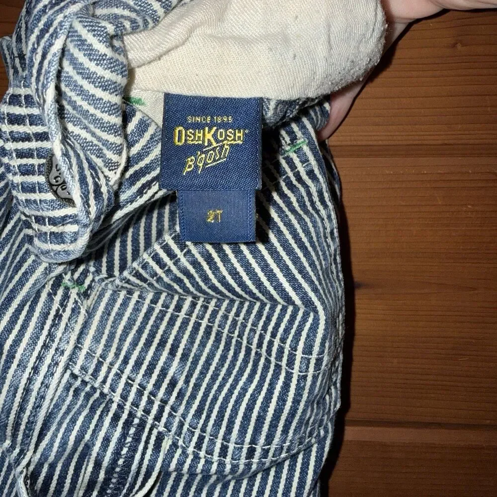 OshKosh B'gosh Vintage Blue and White Striped Conductor Kids Overalls Size 2T